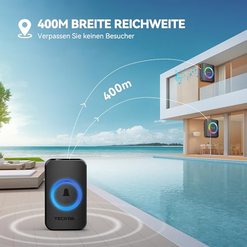 TECKNET Funkklingel, Kabellose Türklingel Funk Set 400m Reichweite, IP65 Aussen Wasserdicht Haustür Klingel mit 2 Plug-In-Empfänger und 1 Sender, Ring doorbell und Klingelknopf Mit LED-Blitz