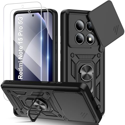 Guisessy Funda para Xiaomi Redmi Note 15 Pro 5G 6,83' (No para 4G) con 2 Pack Cristal Templado Protector, Armor Carcasa Cubierta de cámara Deslizante Proteger, 360 Anillo Soporte PC y TPU Case, Negro
