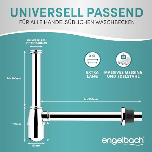 Engelbach® Siphon Waschbecken mit Reinigungsöffnung - Universal Tassensiphon 1 1/4 - Abflussrohr, Flaschensiphon, Syphon inkl. Gummimanschette und Anleitung