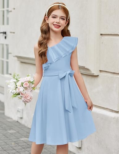 Arshiner Girls Dress One Shoulder Formal Ruffle Trim Birthday Party Dresses with Belted Pockets for 5-12 Years2