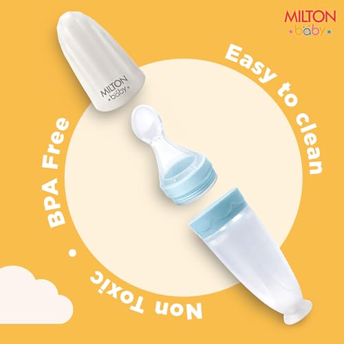 Image of Milton Baby Silicone Spoon Food Feeder I BPA Free-Food Grade I Anti-Spill Suction Base I Removable Strainer - Spill Proof Cap I Travel Friendly I for Cerelac, Puree and Semi Liquid Food I Sky Blue