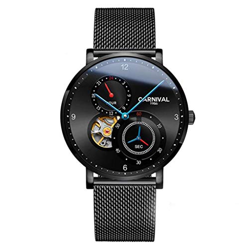 CARNIVAL Relojes para Hombre, Automatico Reloj Mecanico Escala de 24 Horas Multifuncional Impermeable Relojes de Pulsera Elegante Sencillo La Moda 8024G (Color : Steel Band - Black)