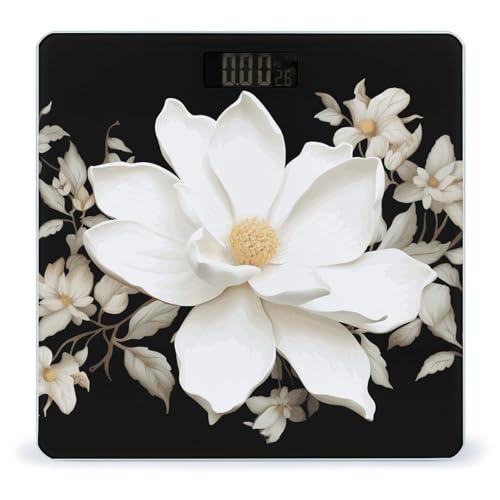 Báscula digital blanca con pantalla LCD y cinta métrica