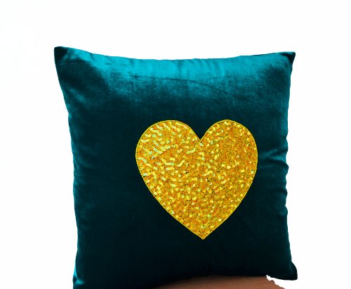 Amore Beaute Handmade Teal Heart Pillow Cover- Decorative Throw Pillow Cover in Teal Velvet -Velvet Pillowcases - Decorative Cushion Cover- Yelow Teal Sofa Pillow Cover with Beautiful Heart Shape Hand Embroidered in Sequin and Beads - Couch Pillow Co