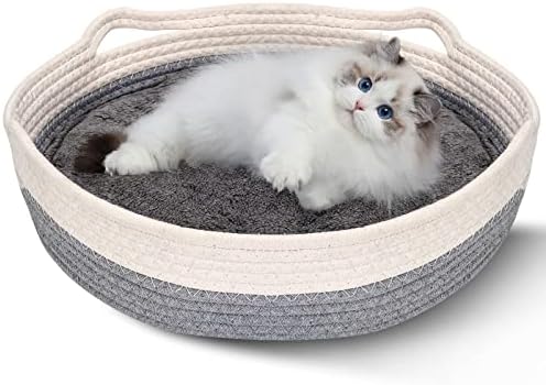 Cotton Rope Woven Cat Bed Basket, Small Dogs Sofa Bed with Double Sided Mat for All Seasons, 14″x14″x4″ Washable Round Sleeping House Bed for Indoor Cat Puppies Rabbits and Small Pets (Grey)