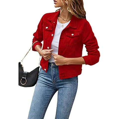 Women's Solid Color Basic Button Denim Jacket with Pockets, Casual Denim Jacket Top (A-Red, M) Cover