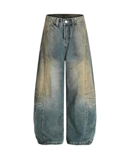 Unisex Vintage Wide Leg Barrel Jeans Distressed Deconstructed Baggy Denim Pants Retro Streetwear Style