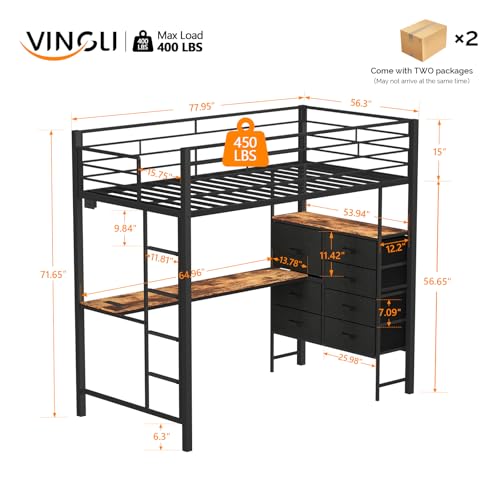 Image of VINGLI Full Loft Bed 15 Inch Extra Tall Safety Guardrail, 7 Drawers Dresser, and Flat Rungs, LED High Double Sleeper with 2 Charging Stations,and Desk, Heavy Duty Space Saving Bed, Black
