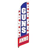 Vispronet Guns & Ammo Feather Flag – 2.6ft x 11.2ft Gun Flag, Outdoor Advertising Sign for Gun Shop, Gun Shows, & Tactical Store, Weather-Resistant Knitted Polyester, Printed in the USA, Flag Only