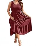 PASUDA Robe Longue Femme Été Grande Taille Chic et Élégante Col Carrée Robes Fluide D'été sans Manches Smockée Taille Haute Élastique Décontractée Robe de Plage Casual Ample XL-4XL (Bordeaux, 4XL)