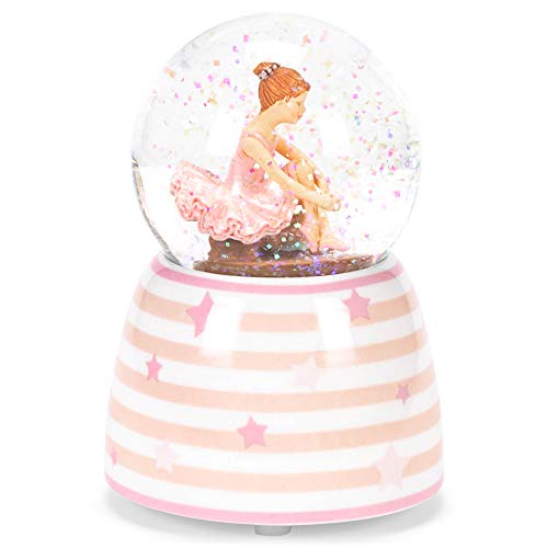 Pink White Star Striped Ballet 3.5 X 4 Ceramic Decorative Musical Snow Globe #TOP2