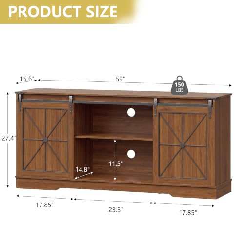 Image of Farmhouse TV Stand for 65 /60 /55 Inch Tvs, Rustic Entertainment Center with Storage Cabinets & Sliding Barn Doors, Modern Media Console Table, Wood Television Furniture for Living Room, Bedroom, Walnut