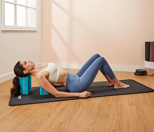 Image of Amazon Brand - Symactive High Density Premium EVA Foam Yoga Blocks with Yoga Belt /Strap for Strength and Flexibility, Extra Large Size (4 x 6 x 9 inches, 8 feet belt, Set of 2, Multicolor)