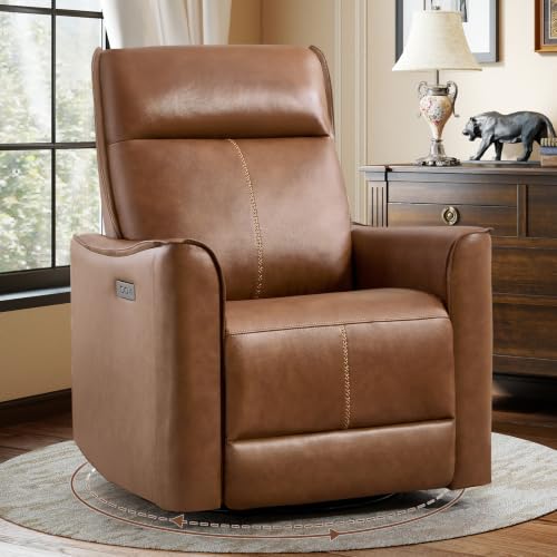ANJ 360° Swivel Rocker Power Recliner Chair for Adults, Genuine Leather Glider Rocking Recliners with Padded Backrest, Electric Nursery Reclining Sofa for Living Room, Brown
