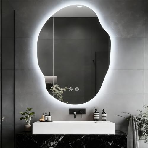 PONYY Asymmetrical Bathroom Mirror with Lights,Irregular LED Bathroom Vanity Mirror
