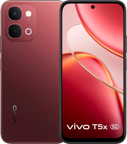 Image of vivo T5x 5G (Fusion Red, 8GB RAM, 256GB Storage) | MediaTek Dimensity 7400-Turbo Processor | 50MP + 2MP AI Dual Rear Camera | 32MP Front Camera | 6.76-inch Display | 7200mAh Battery | | MediaTek Dimensity 7400-Turbo Processor, 50MP + 2MP AI Dual Rear Camera, 32MP Front Camera, 6.76-inch Display