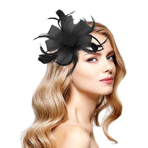 GAZIL Tocado para Mujeres, Clip y Diadema con Malla, Plumas y Flores, Accesorio Elegante para Bodas y Fiestas de Cóctel (Negro)