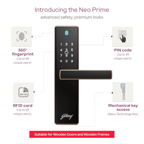 Image of Godrej 'New Launch' Smart Lock | Neo Prime Digital Lock for Wooden Door | Fingerprint, PIN, RFID Card & Mechanical Key | 4 in 1 Access | Rose Gold |3 Yrs Warranty