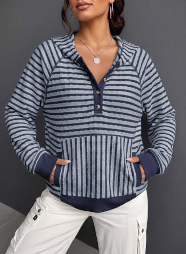 Dokotoo Striped Sweatshirt for Women Pullover Shirts Fall Outfits, Blue M - image 4