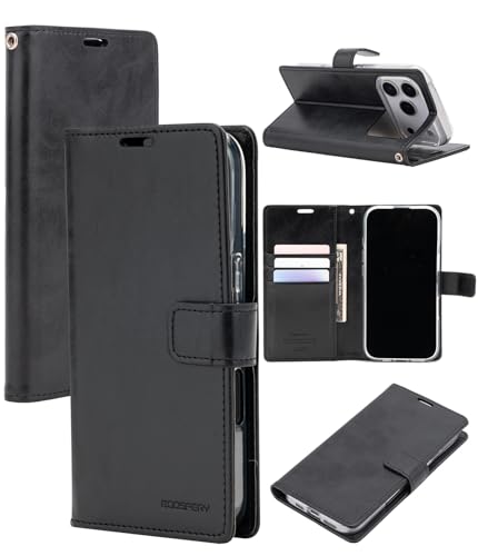GOOSPERY Bluemoon Folio Wallet Case for iPhone 17 Pro, Flip Cover with Card Holder, Kickstand, Magnetic Closure, Shockproof TPU + PU Leather - Black