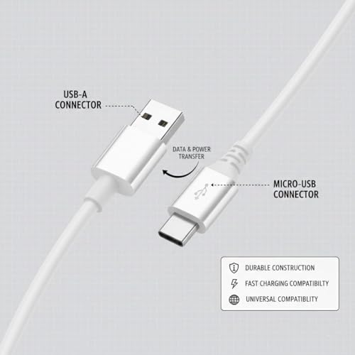Image of USB to V8 Braided Charging Cable 1 Meter | PVC Design, Fast Charge & Data Transfer | Compatible with Micro USB Phones, Power Banks, Bluetooth Speakers - White