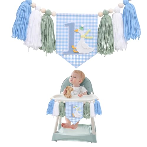 GlamRays 1 Bandeira de Aniversário de Cadeira Alta Decoração de Ganso com Flores para Grama Festa Foto Acessórios Enfeites de Ganso Divertidos (Bandeira de Aniversário de Ganso Azul)