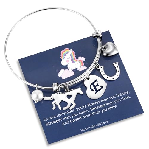 Image of C-leen Horse Gifts for Women Girls Kids, 14K White Gold Plated Horse Charm Bracelet Dainty Expandable Heart Initial Bangle Bracelets Birthday Gifts for Women Girls Jewelry