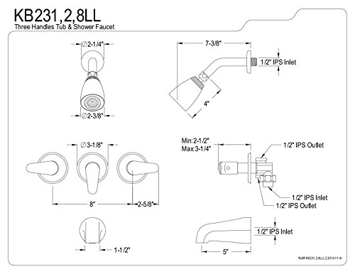 Kingston Brass KB238LL Grifería para Tina y Ducha con Manijas de Palanca de 3 Piezas, Níquel Satinado, Alcance del Pico de 5 pulgadas miniatura 2