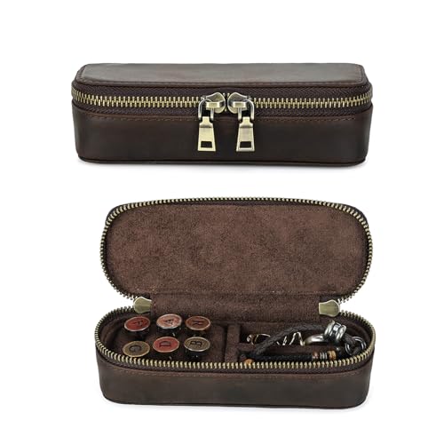 Hiram Boîte de rangement à bijoux vintage en cuir pour homme, fermeture éclair, étui à bijoux de voyage pour boutons de manchette, bagues, bracelets (café)