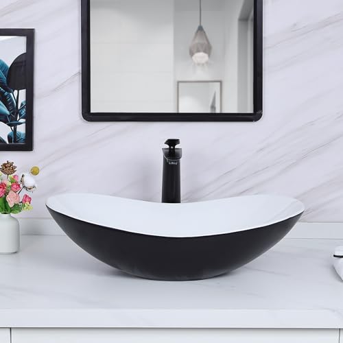Davivy Fregadero ovalado grande de 24.5 x 13.8 pulgadas negro mate con drenaje emergente, fregadero de cerámica en forma de barco, fregaderos de baño sobre mostrador, fregadero de baño blanco y negro
