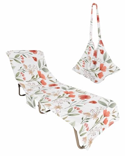Red Teal Spring Floral Beach Lounge Chair Towel Cover, Soft Chaise Lounge Towel with Side Pockets Patio Pool Chairs Cover for Beach/Pool Sunbathing 29x85 Pastoral Botanical Watercolor