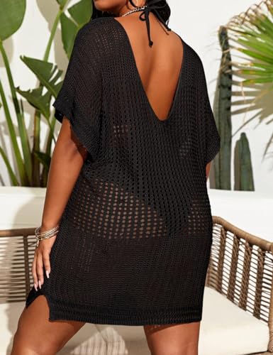 Women's Plus Size Suimsuit Cover Up Short Sleeve Hollow Out Swimwear Bathing Suit4