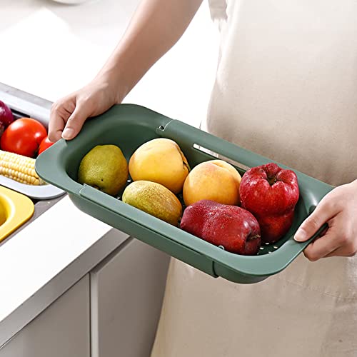 Image of Collapsible Sink Colanders and Strainers Basket Extendable Plastic Fruit Vegetable Strainer Drainer Basket for Kitchen (Length 13.6 inch-18.7 inch) (Apple Green) 6 * 10