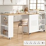 HSH Kitchen Island with 360° Swivel Table & Power Outlet, Rolling Kitchen Island Cart with Storage & Seating, Mobile Wood Kitchen Island Table with Cabinet, Drawers & Shelves on Wheels, Light Oak