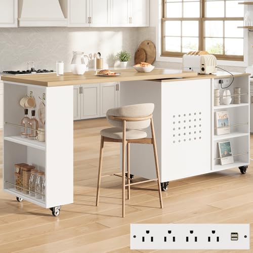 Image of HSH 71 inch Rolling Kitchen Island with Storage Seating on Wheels, White Oak | Mobile Island With 360 Swivel Table, With Power Outlet, Storage Cabinet, Open Adjustable Shelves Fit In Microwave