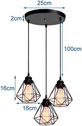 3 Lights Vintage Ceiling Pendant Light Fitting, iDEGU Geometric Cage Style E27 Industrial Metal Chandelier Lamp Shade for Bedroom Living Room Dining Room, Black, Ø 16cm (3-Light 30CM)