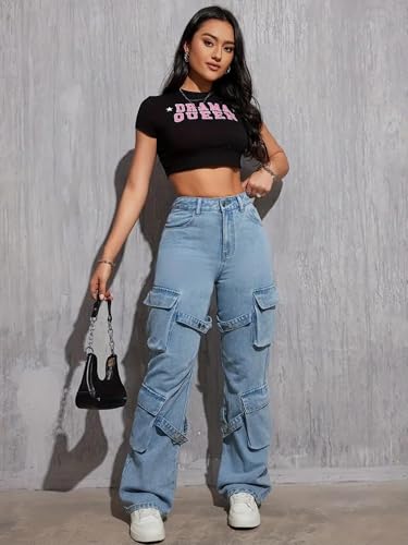 Image of Glossia Fashion Blue Women Cargo Jeans | High Waist Stretchable Wide Leg Loose Fit Denim| Boyfriend Cargo Jeans for Women(WJ-1225)