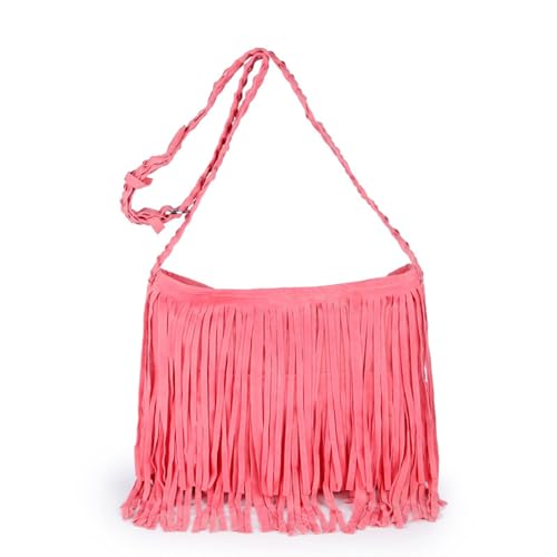 Women'S Retro Hippie Suede Tassel Messenger Bag Fashion Adjustable Western Hobo Crossbody Shoulder Handbags (pink,Medium)