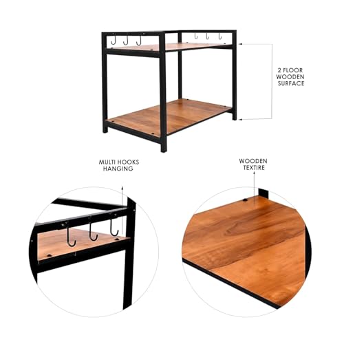 Image of Heavy Duty Metal Microwave Oven Stand with Storage Shelves | 2 Tier Kitchen Organizer Rack with Hooks | Suitable for Microwave, OTG & Kitchen Appliances