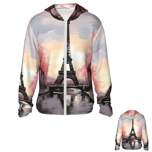 NONHAI Men's Sun Protection Jacket UPF 50+ Full Zipper Long Sleeve UV Hoodie Shirt Oil Painting Paris Women's Outdoor Jacket Black