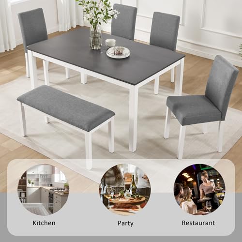 Image of KEIKI 6-Piece Standard Height Dining Table Set with Rectangular Table, 4 Upholstered Curved Backrset Chair, Bench, for 6 Person, Modern Table Set, Easy Assembly, for Kitchen, Dining Room, White+Gray