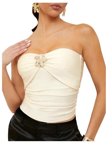 Floerns Women's Rhinestone 3D Floral Sleeveless Bandeau Ruched Strapless Tube Top