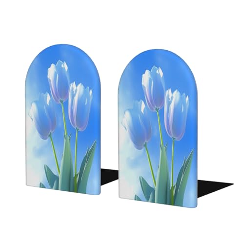 (2 PCS/1 Pairs) Wood Bookends Flower Tulip Decorative Wood Bookends for Shelves Kids Room Desk Home Office Book Stoppers for Holiding Books 5x3 Inch