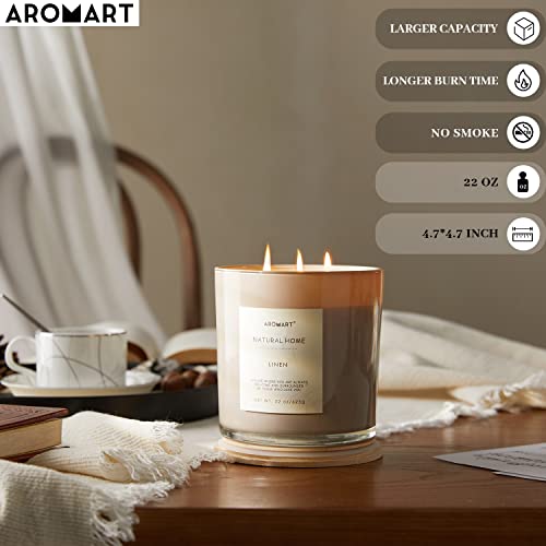 Aromart 3 Wick Large Scented Candles 22 Oz,Linen Aromatherapy Candles For Home Scented,Soy Candles With 8% Essential Oils,Long Burning,Soy Wax Candles Gifts For Women Men #TOP2