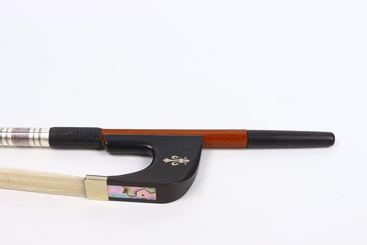 Yinfente Upright Double Bass Bow 3/4 Germany Bows Advance Brazil wood Stick Ebony wood frog Nataural Bow Hair Bows For String bass player Upright bass bows Parts Accessories (flower-inlay)