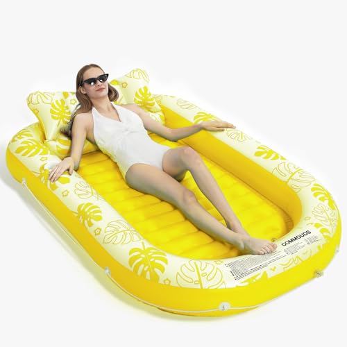 Inflatable Tanning Pool Lounger Float with Cervical Pillow - Pool Floats Adult for Sunbathing, Backyard, Pool Party - Inflate Ball Pit - Swimming Pool Bed (Yellow-L(71"x47"))