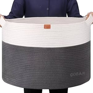 Extra Large Laundry Basket toy storage 22″X22″X14″ blanket basket Cotton Rope Woven Baskets with Handles for Living Room (Grey/Beige) XXXL