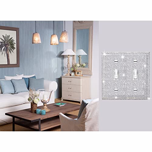 Image of 2 Pcs Shiny Silver Rhinestones Wall Plate Cover, Double Gang Toggle Outlet Covers, Bling Light Switch Cover