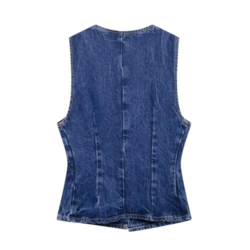 Women's Sleeveless V-Neck Asymmetric Design Denim Vest, Button Front, Dark Blue2