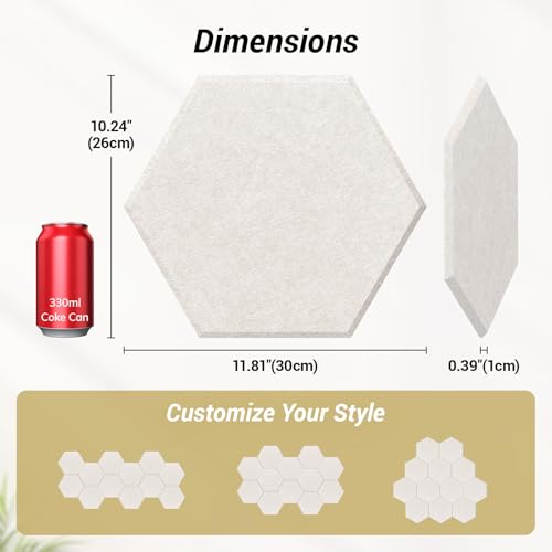 Image of 48 Pack High Density Hexagon Acoustic Panels, TONOR 12 inchx 10 inchx 0.4 inch Soundproof Wall Panels, Sound Absorbing Panels for Interior Wall Decor, Peel and Stick Modern for Studio, Office, Home, Beige